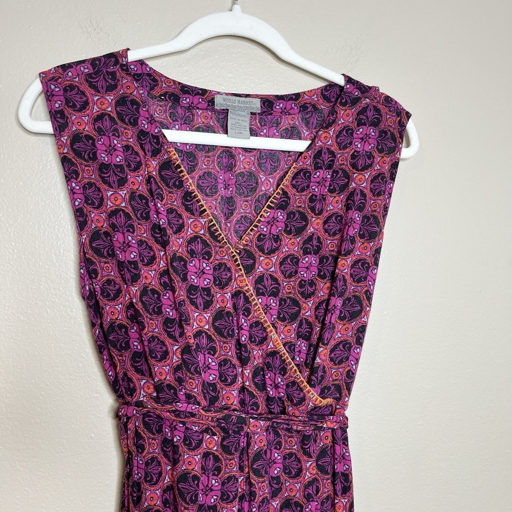 World Market Dress Small Floral Wrap Boho Gypsy Midi V Neck Pink Geometric - Picture 3 of 6